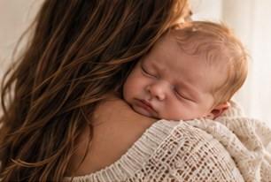 A sleeping newborn resting on a parent’s shoulder